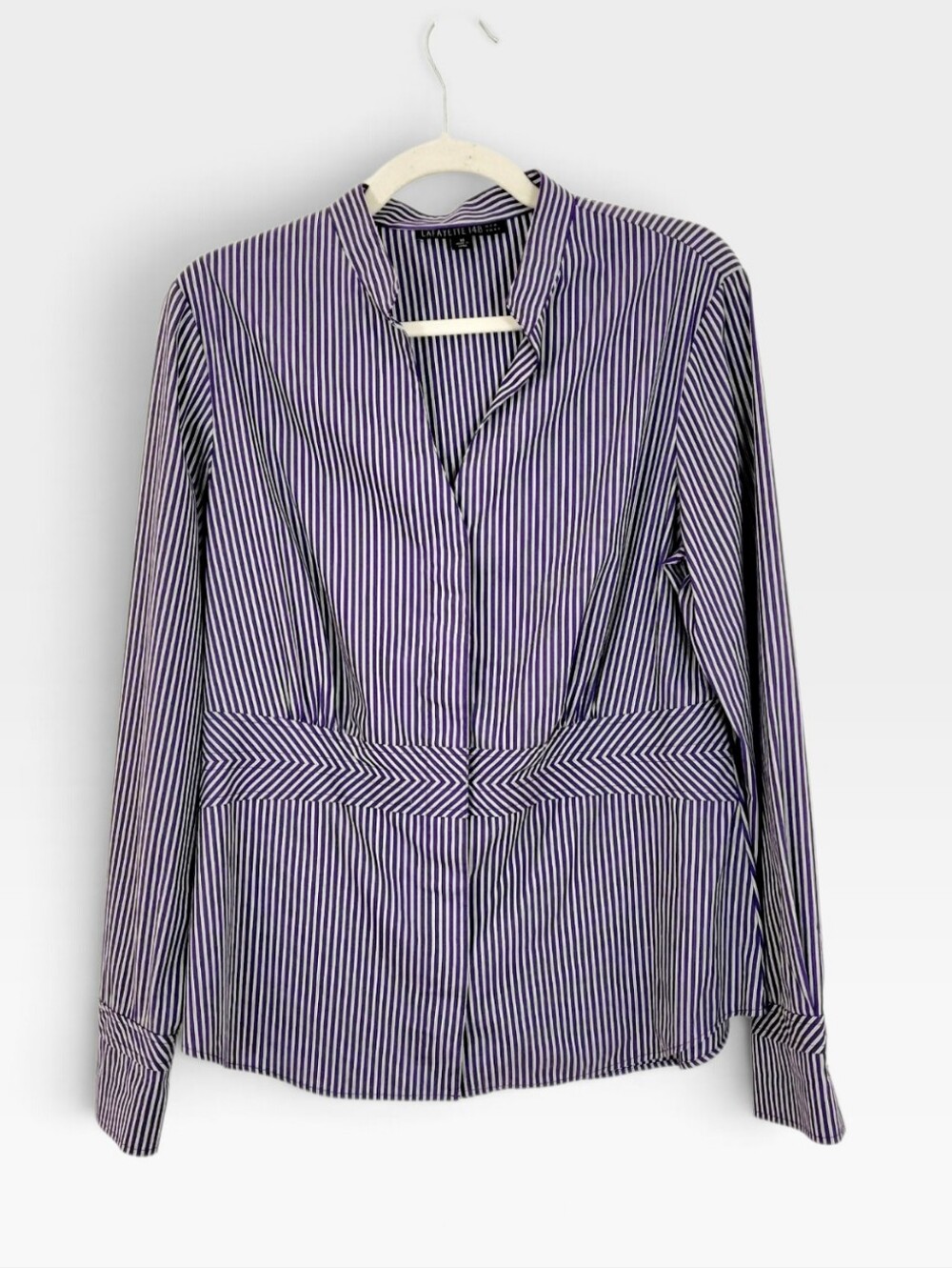 LAFAYETTE 148 New York Striped Tailored Peplum Waist Shirt Purple Green White 10 - Picture 2 of 9